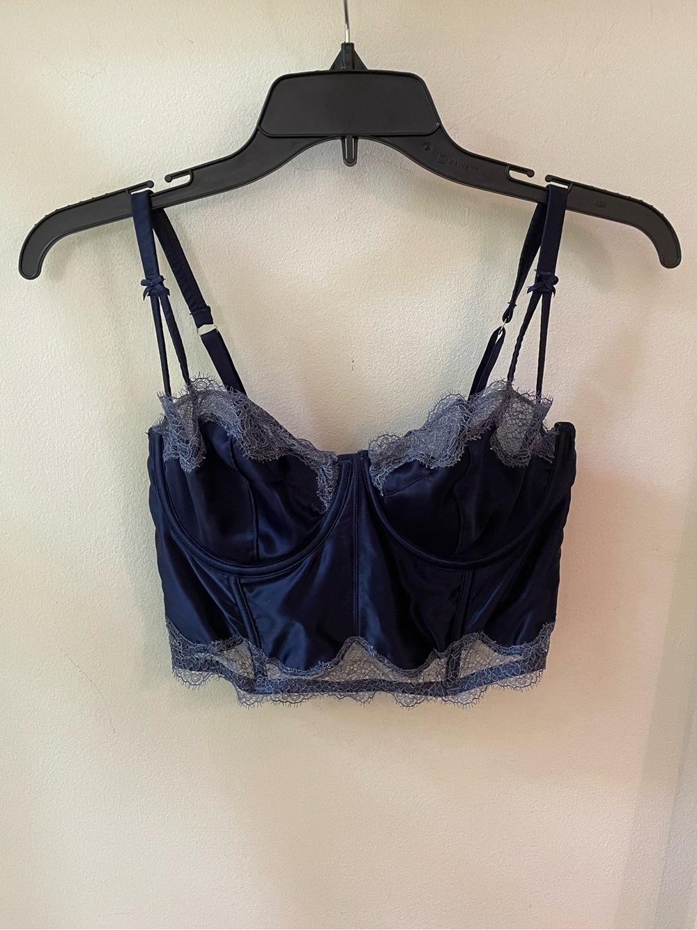 Victoria’s Secret | Navy Unlined Silky Corset Bustier Top with Lace Trim